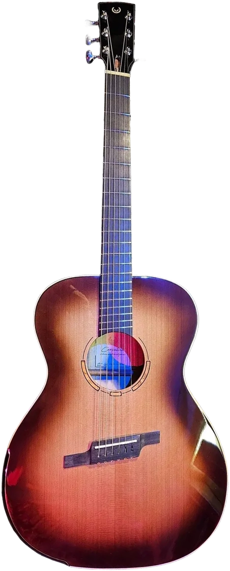 Vista frontale della chitarra Corsalini OM-2 Multiscala con particolare dell'arm bevel (poggia braccio) e tastiera a ventaglio.
