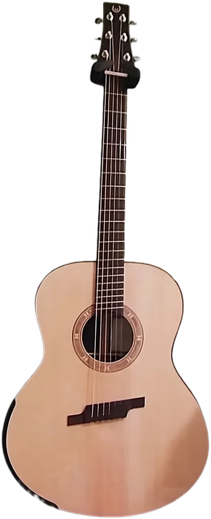 Vista frontale della chitarra Corsalini Grand Auditorium Multiscala - Design moderno con sistema fan-fret e top in Abete.