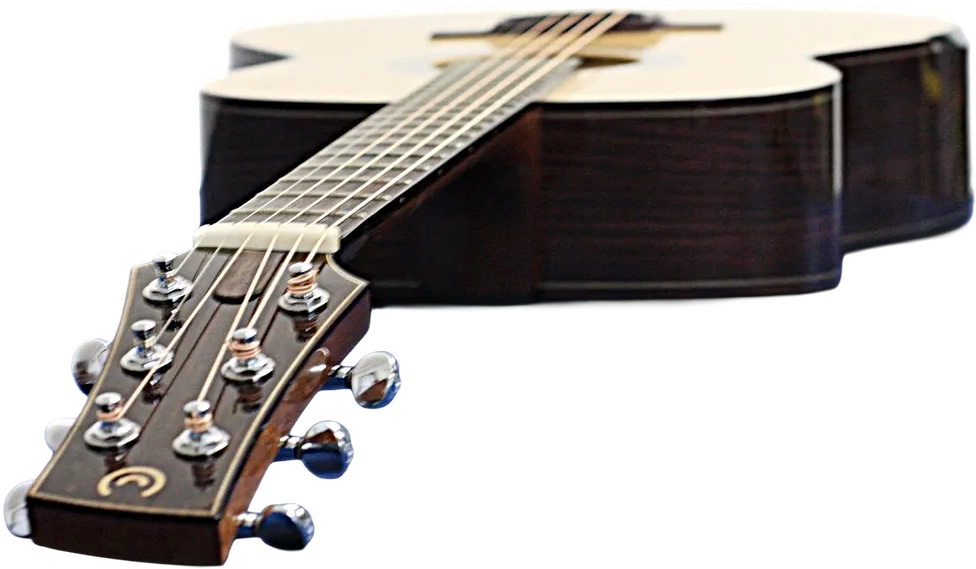 Prospettiva della paletta e del manico di una chitarra Corsalini Grand Auditorium Multiscala con vista sulle meccaniche e il corpo.