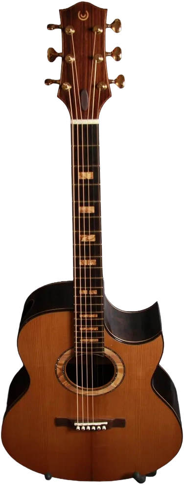 Vista verticale dall'alto della chitarra Corsalini Grand Auditorium Cutaway con segnatasti a blocco e top in legno pregiato.