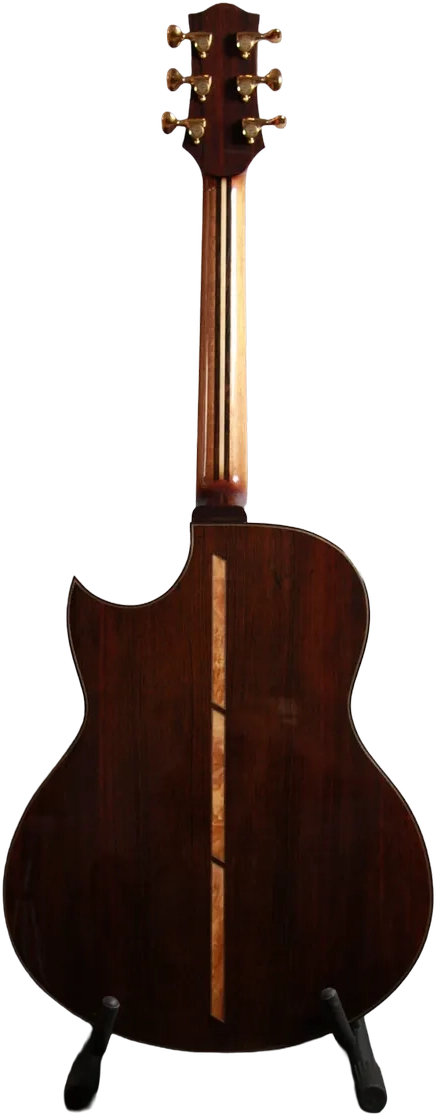 Vista posteriore intera della chitarra Corsalini Grand Auditorium Cutaway con manico multilaminato e fondo in Palissandro con intarsio centrale.